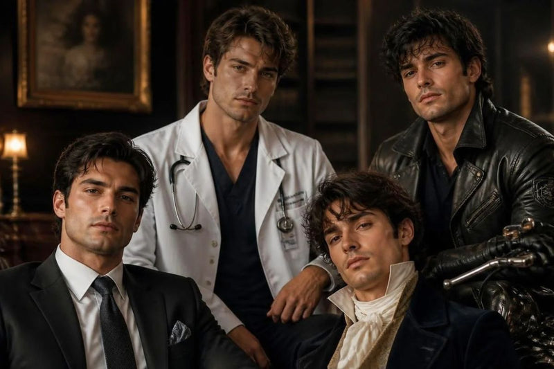 Four fictional romantic heroes dressed as a businessman, doctor, biker, and Regency gentleman.