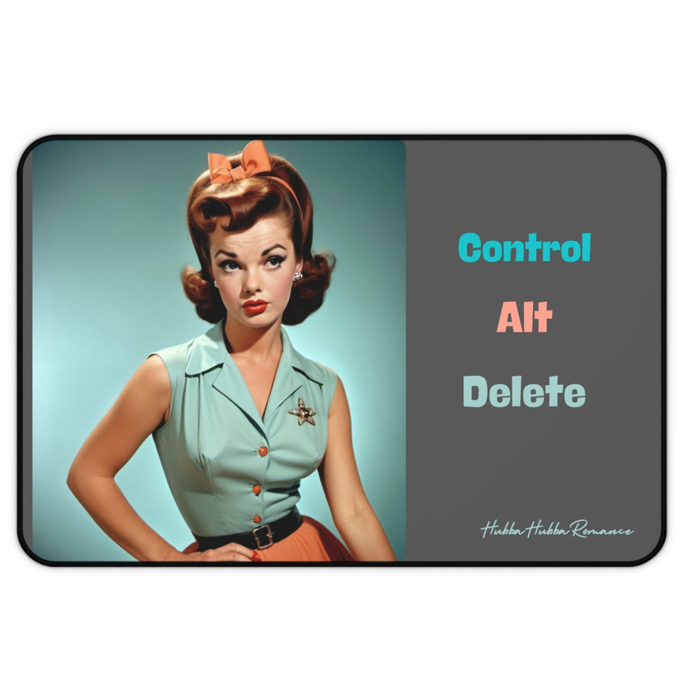 A vintage-style woman with curled auburn hair, red lipstick, and a mint green top poses against a turquoise background. She’s paired with a split-screen design where the right side reads “Control” in teal, “Alt” in coral, and “Delete” in pale blue, all capitalized and vertically stacked on a dark gray background.