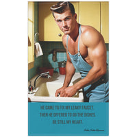 The image features a kitchen towel with a playful romance-themed design. The towel has a light background with a vintage-style illustration of a rugged, handsome plumber in a tool belt, smirking like he knows exactly what he's doing. Across the jar, the text reads "The Plumber Stole My Heart" in bold, cheeky lettering. The design incorporates warm, earthy tones, adding a retro feel. The towel blends humor, sass, and romance, perfect for book lovers with a spicy imagination.