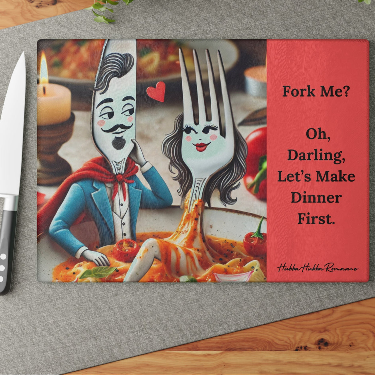 This image shows the cutting board displayed on the table with a knife placed beside it in anticipation of using the board to cut something.
