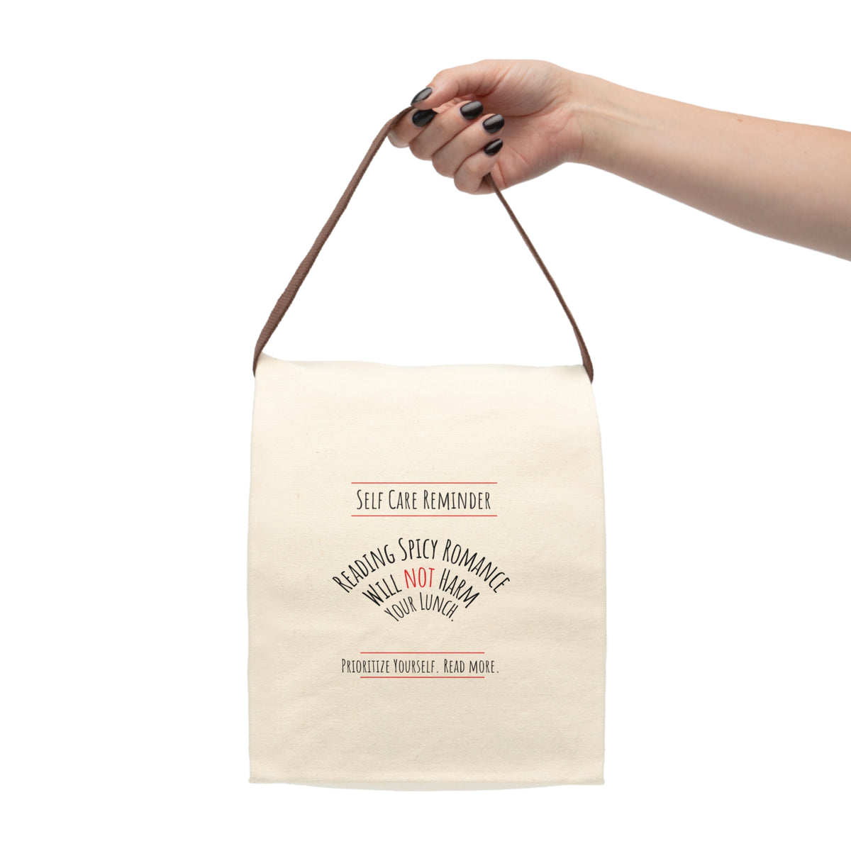 The lunch bag is displayed as if held by a person, with only the hand and arm visible.

