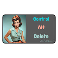 A vintage-style woman with curled auburn hair, red lipstick, and a mint green top poses against a turquoise background. She’s paired with a split-screen design where the right side reads “Control” in teal, “Alt” in coral, and “Delete” in pale blue, all capitalized and vertically stacked on a dark gray background. This is the medium size