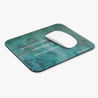 A rectangular mouse pad with rounded corners, featuring a teal and dark green marbled design with white text that reads 'BOOK BOYFRIEND OBSCENE W Rich is nice. Billionaire is a genre.