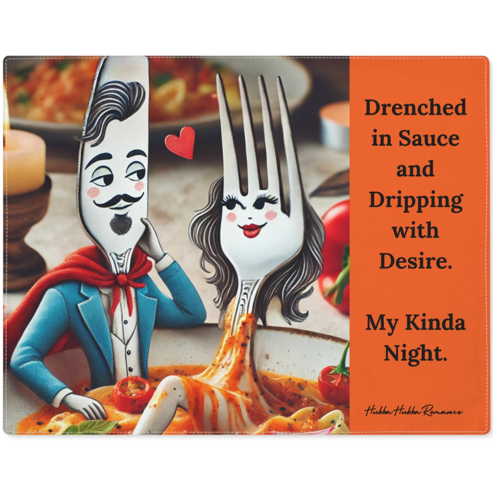 The image features anthropomorphized dining utensils on a dinner plate with spaghetti. A male knife character, sporting a mustache and dressed in a blue suit with a red cape, seems to be flirting with a female fork character, who has long, flowing hair and a playful expression. The fork appears to be diving into the spaghetti, splashing sauce. The text reads" Drenche3d In Sauce and Dripping With Desire. My kinda night.