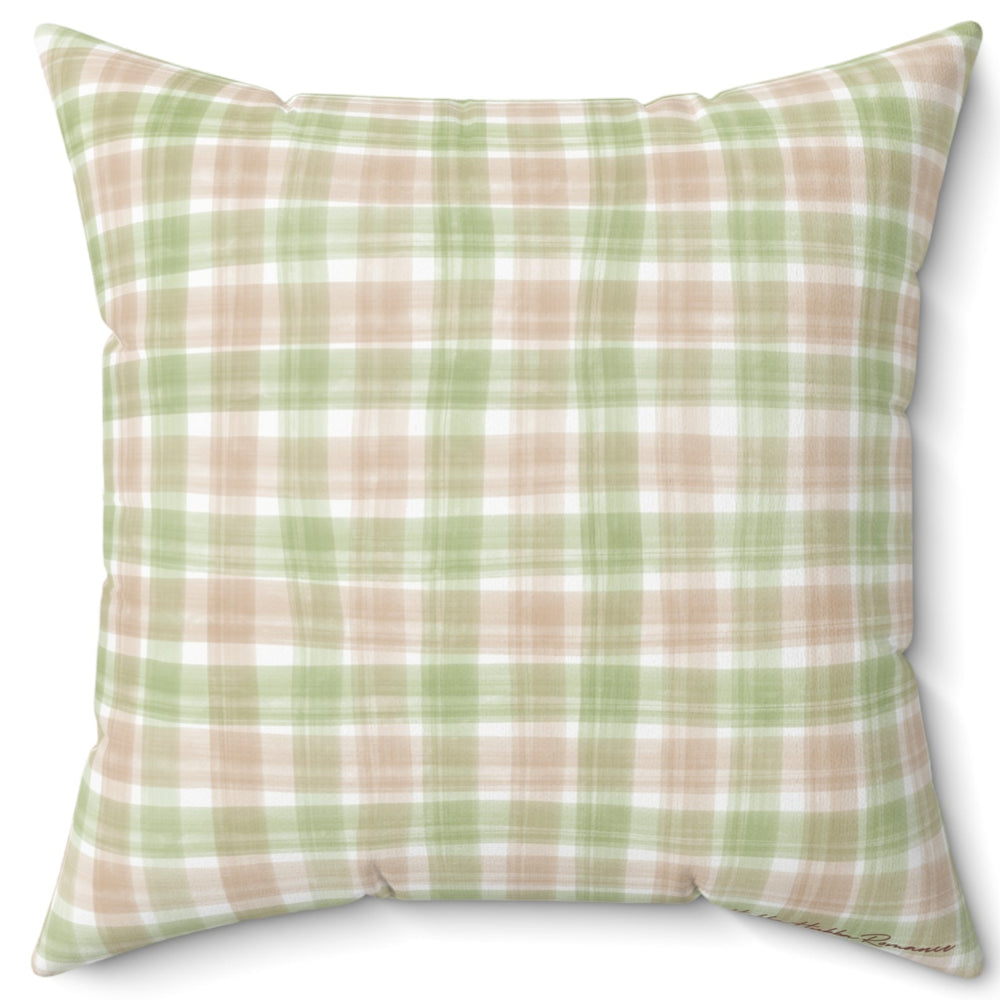 The reverse side of the pillow shows the same beige and green color scheme in a slightly different plaid variation, without any text or graphics. A simple, coordinating back design that balances the playful romance quote on the front.