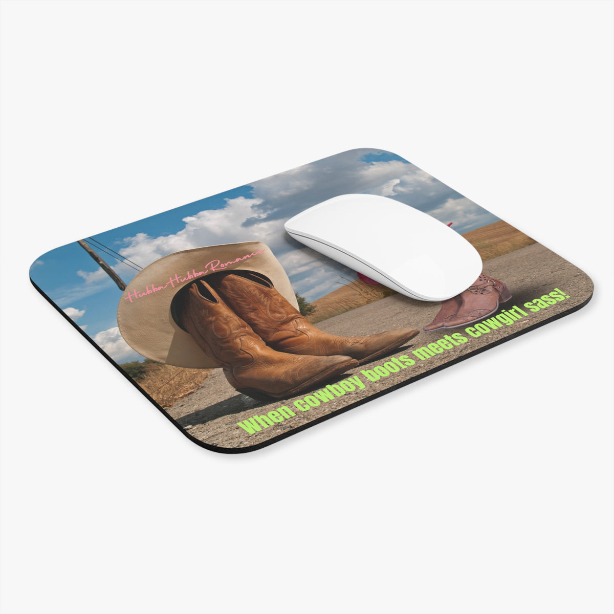 The mousepad is displayed with a computer mouse on it for reference.
