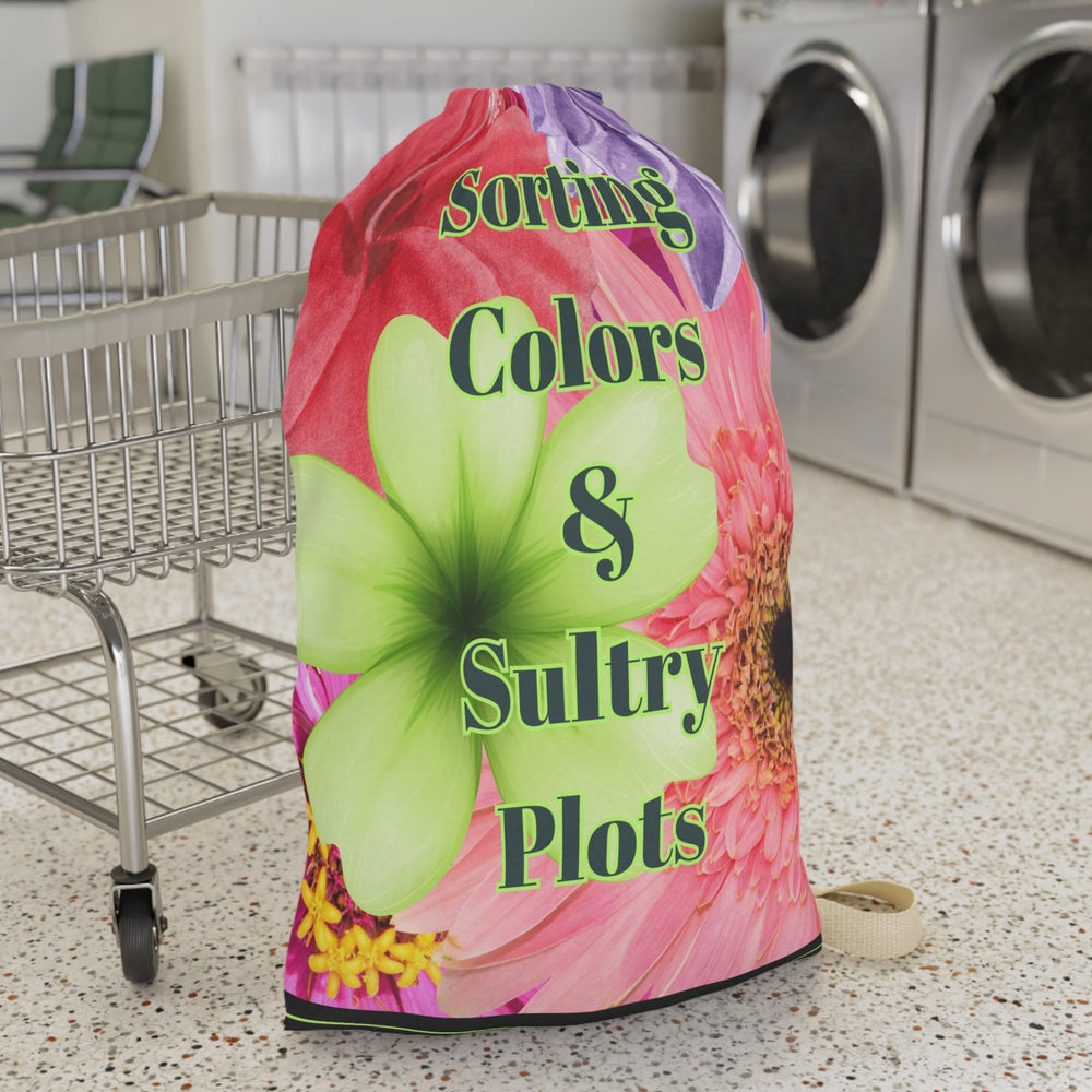 The laundry bag is displayed standing upright next to a laundry cart for sizing context. This is the larger bag.