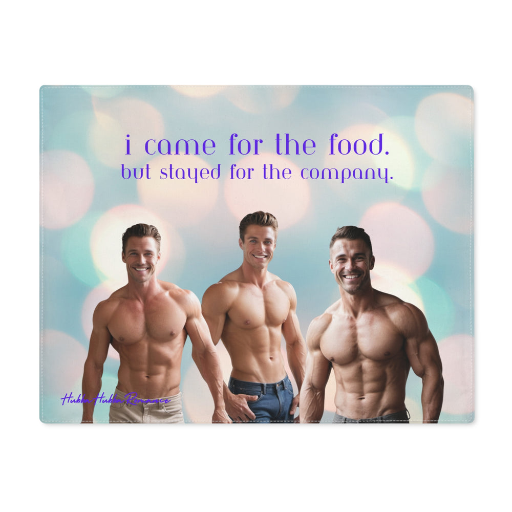 The image features three shirtless, muscular men with engaging smiles, set against a backdrop of soft bokeh lights in pastel hues. From left to right, the first man wears light khaki pants, the second sports dark jeans, and the third is clad in grey sweatpants. Above them, in bold purple text, reads "I came for the food but stayed for the company." The image combines attractive visuals with a playful caption, appealing to those who appreciate a touch of humor and charm.