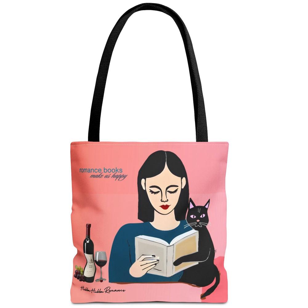 Image shows an illustrated woman with long black hair reading a book while a black cat rests its head on the book’s pages. A bottle and glass of red wine with a bunch of grapes sit beside her. The background is a gradient of warm pink and coral tones, and the phrase “Romance Books Make Us Happy” appears in blue script on both the top and bottom for reversibility. The image conveys comfort, joy, and cozy romance reader energy.