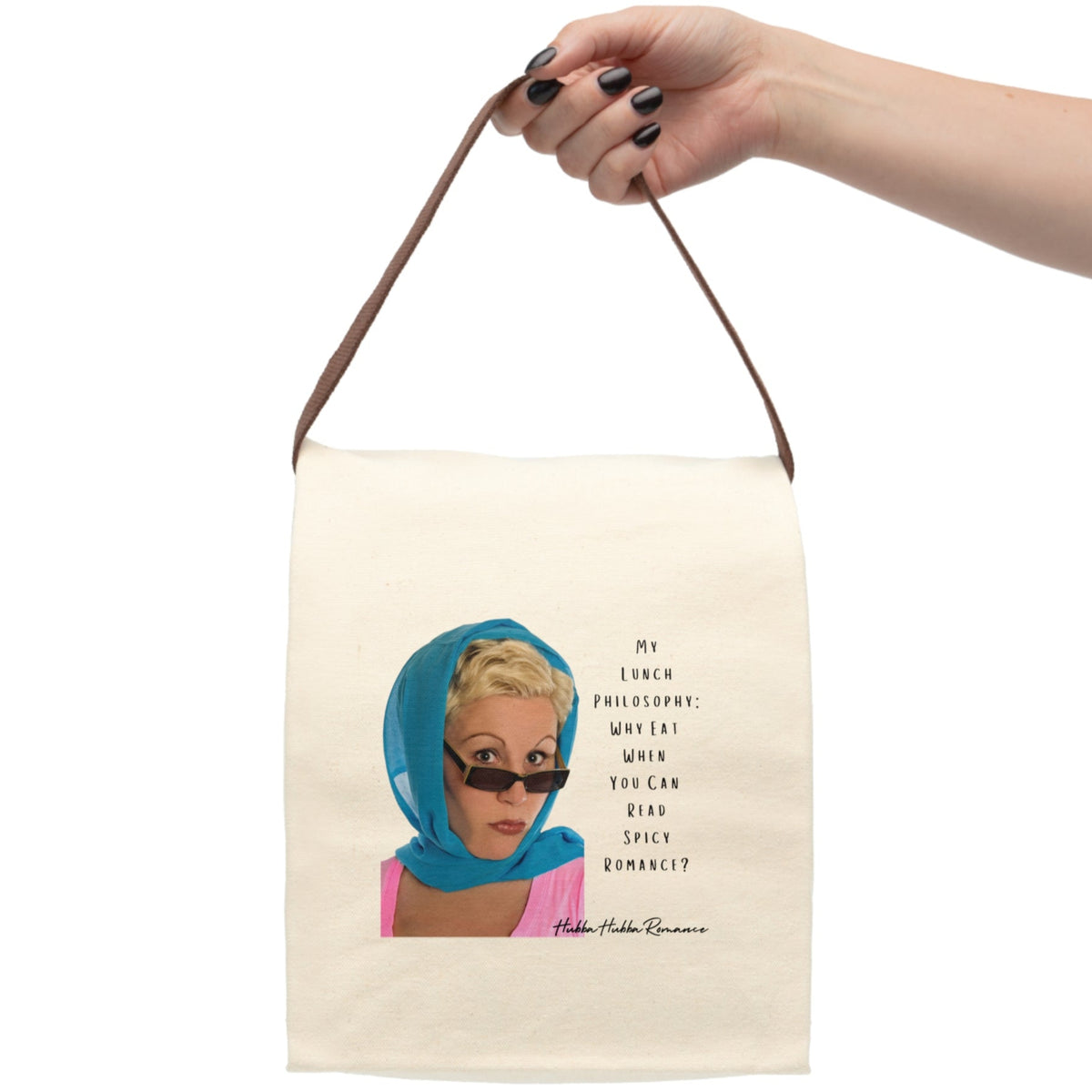 The lunch bag is displayed as if held by a person, with only the hand and arm visible.

