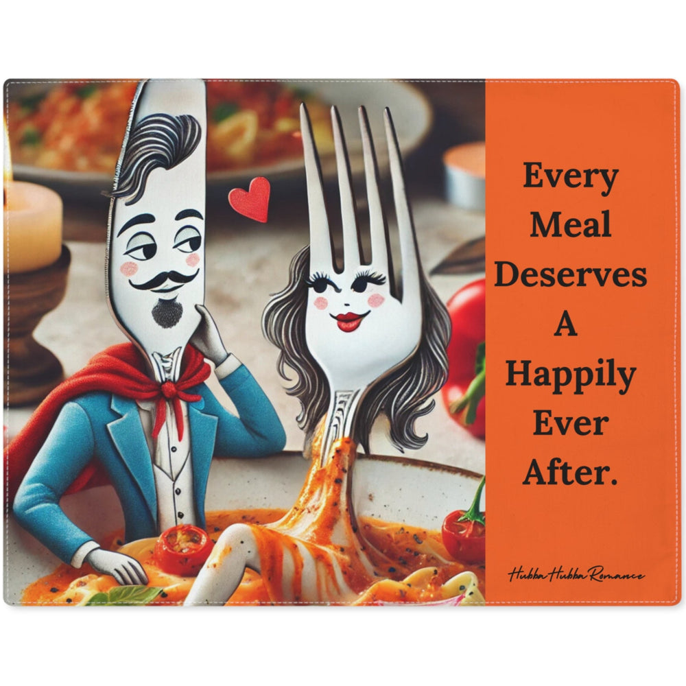 : This placemat features an artistic and playful design with anthropomorphized utensils, a fork and a knife, representing a couple. The knife, representing a male character, is dressed in a blue suit with a red cape and a bow tie, sporting a mustache and a smile. The fork, depicting a female character, has long flowing hair, rosy cheeks, and lipstick. They are positioned on a plate with spaghetti and tomato sauce, surrounded by a romantic setting that includes a candle. The text reads "Every Meal Deserves A