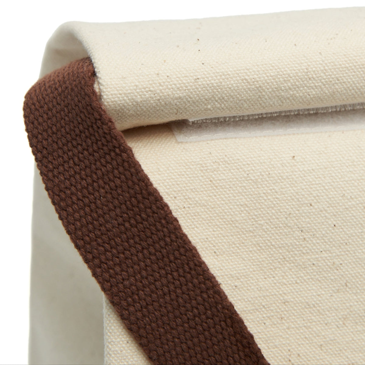 Close-up of the bag closure involving a rollover of the top edge secured by Velcro.