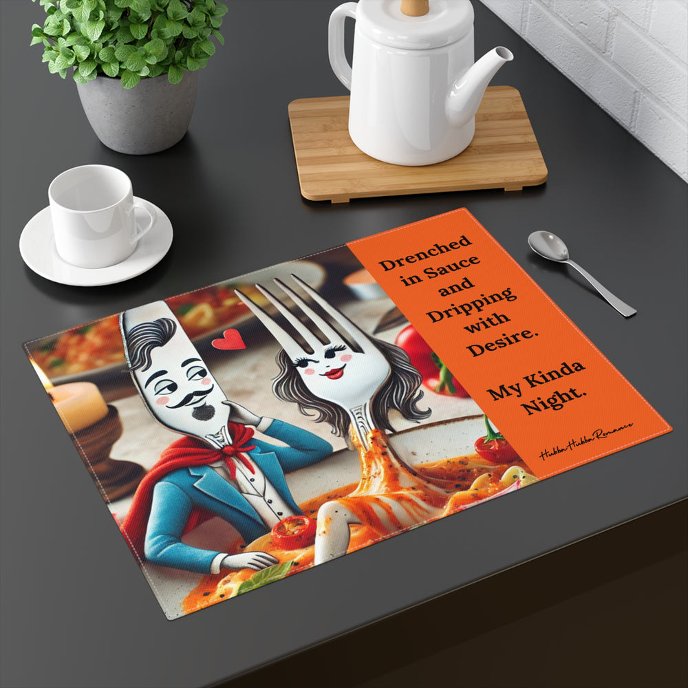 The placemat is displayed on a table with a cup and saucer, a teapot, a plant, and a spoon for context.


