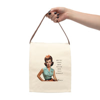 Hand holding canvas lunch bag with a retro 1950s woman in mint blouse and bow, paired with text: “Why eat lunch when you can read spicy romance?”