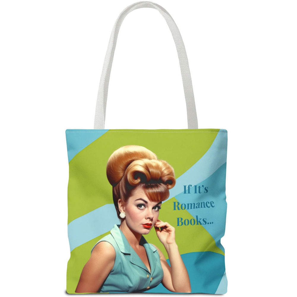 Image features a reversible tote bag design with a vibrant mid-century modern background of lime green, light blue, and teal wave shapes. The illustration shows a glamorous retro woman with a voluminous blonde bouffant hairstyle, red lips, and teal sleeveless blouse. One side reads “It’s Not Hoarding…” while the opposite side completes the phrase with “If it’s Romance Books…” The image is playful and snarky, celebrating the relatable chaos of book collecting with vintage flair.