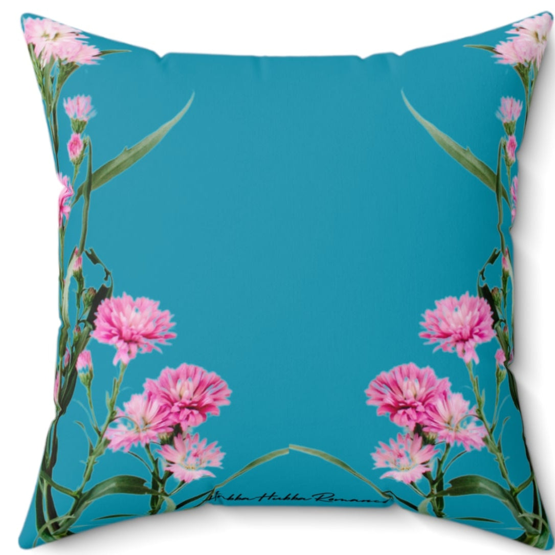 The back side of the pillow features a bright turquoise background with delicate pink and white wildflowers arranged in an artistic, mirrored reflection. The design is soft, romantic, and whimsical, evoking a nature-inspired aesthetic perfect for romance lovers. 

