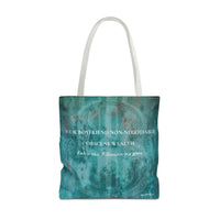 A canvas tote bag with a distressed teal and green abstract print, featuring white text that reads 'BOOK BOYFRIEND NON-NEGOTIABLE. OBSCENE WEALTH. In smaller print, Rich Is Nice. Billionaire is a genre.