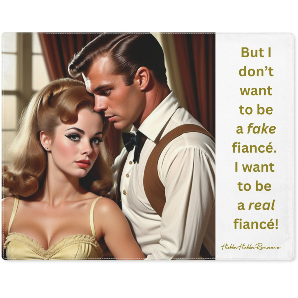 The image features a stylized, vintage portrait of a man and woman in an intimate pose, reminiscent of classic 1950s illustrations. The man, in a white shirt and suspenders, gazes intently at the woman, who has voluminous blonde hair and wears a yellow dress. They stand close together in a room with curtains. A text overlay on the right reads: "But I don’t want to be a fake fiancé. I want to be a real fiancé!"