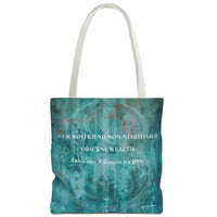 A canvas tote bag with a distressed teal and green abstract print, featuring white text that reads 'BOOK BOYFRIEND NON-NEGOTIABLE. OBSCENE WEALTH. In smaller print, Rich Is Nice. Billionaire is a genre.