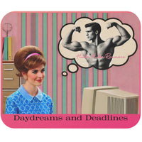 This is a mouse pad with a retro vibe. It features a 1060s-era woman in a green dress sitting in front of an old computer, fantasizing about a 1960s-era bodybuilder in a thought bubble. The background is a perky pink and green striped wallpaper.