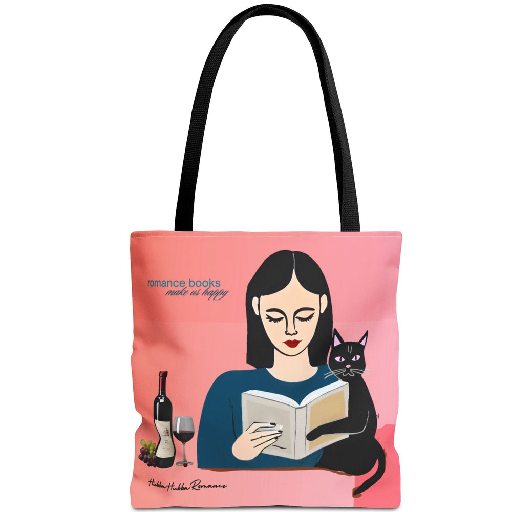 Image shows an illustrated woman with long black hair reading a book while a black cat rests its head on the book’s pages. A bottle and glass of red wine with a bunch of grapes sit beside her. The background is a gradient of warm pink and coral tones, and the phrase “Romance Books Make Us Happy” appears in blue script on both the top and bottom for reversibility. The image conveys comfort, joy, and cozy romance reader energy.
