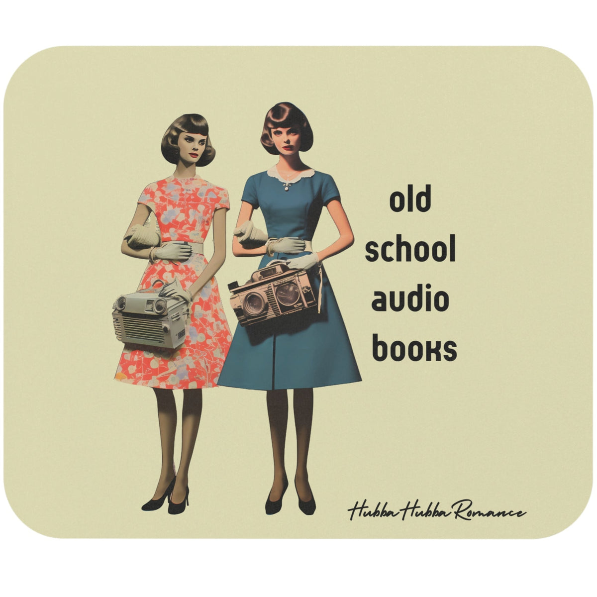 A retro-inspired design featuring two 1970's women holding old-school tape recorders with the words “Old School audio books” in bold, playful lettering. The graphic evokes nostalgia for the days of rewinding steamy audiobook scenes and listening to deep-voiced narrators bring book boyfriends to life.