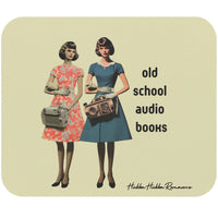 A retro-inspired design featuring two 1970's women holding old-school tape recorders with the words “Old School audio books” in bold, playful lettering. The graphic evokes nostalgia for the days of rewinding steamy audiobook scenes and listening to deep-voiced narrators bring book boyfriends to life.