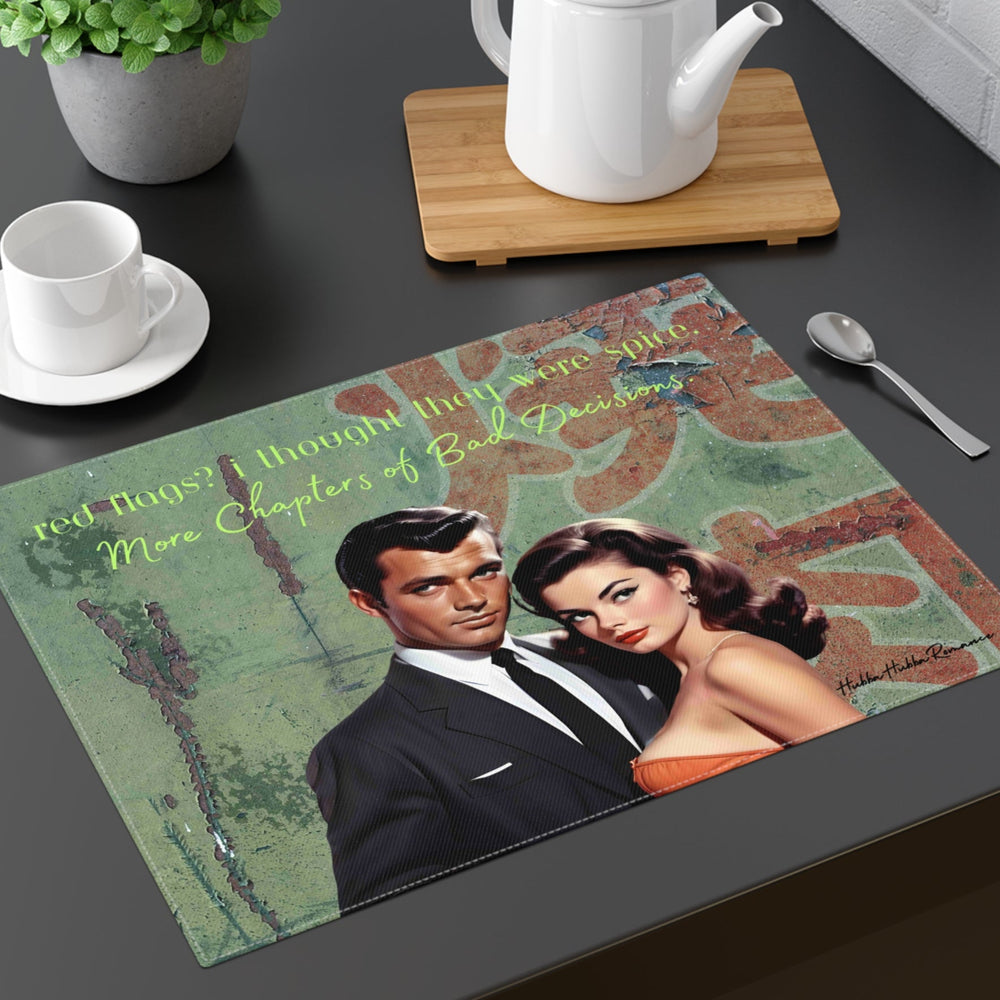 
The placemat is displayed on a table with a cup and saucer, a teapot, a plant, and a spoon for context.