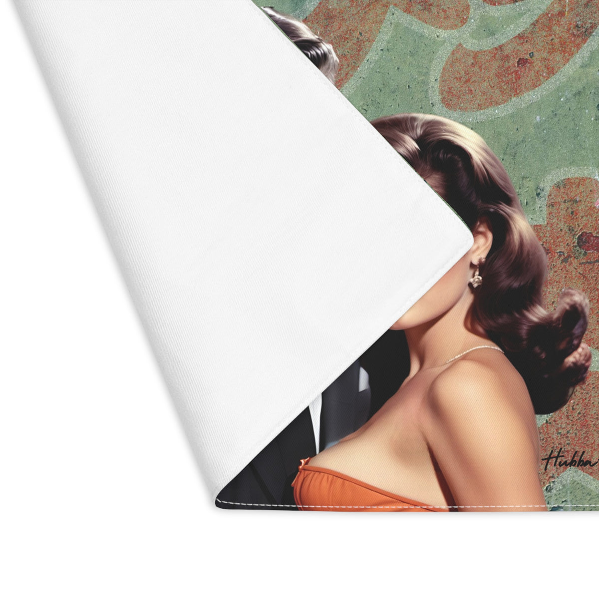 Stylized placement with vintage illustration featuring a confident mid-century couple posed in front of a cracked green wall with distressed red lettering. Only the woman is visible,  wearing a strapless rust-colored dress with classic Hollywood waves. The placemat is folded over at an angle to show that the back is plain.