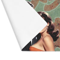 Stylized placement with vintage illustration featuring a confident mid-century couple posed in front of a cracked green wall with distressed red lettering. Only the woman is visible,  wearing a strapless rust-colored dress with classic Hollywood waves. The placemat is folded over at an angle to show that the back is plain.