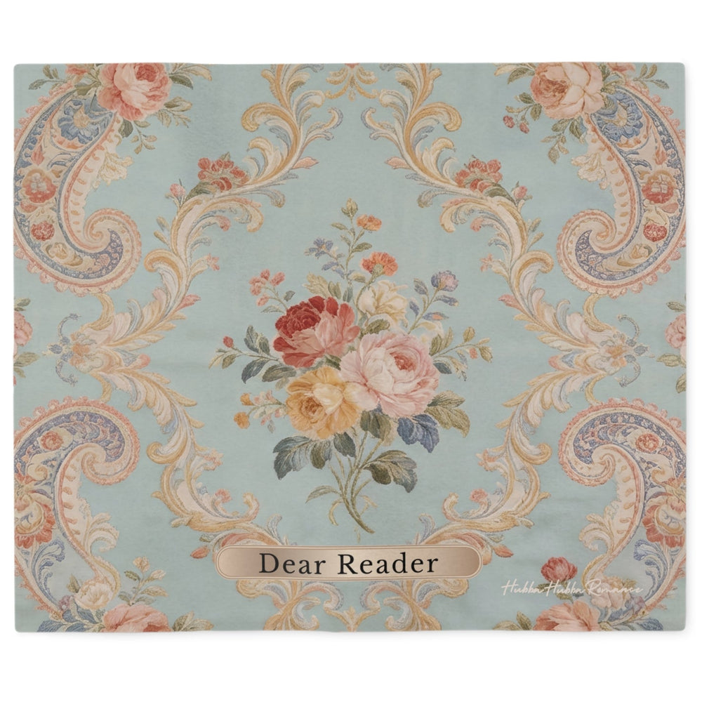 Regency-inspired sweatshirt blanket featuring vintage floral artwork, ornate scrollwork, and the phrase "Dear Reader." Elegant French blue reading blanket for historical romance readers, book lovers, and fans of classic romance novels.