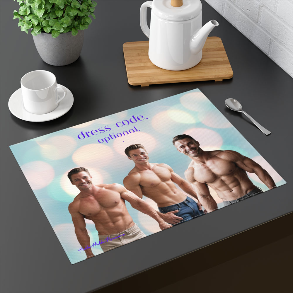 The placemat is displayed on a table with a cup and saucer, a teapot, a plant, and a spoon for context.

