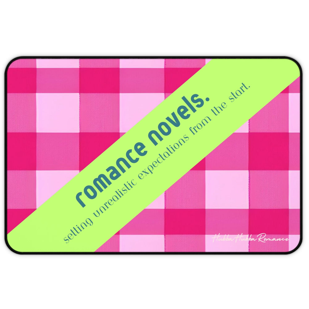 A pink gingham plaid background with a diagonal lime green banner across the image. The banner contains the text “romance novels.” in lowercase blue-ish green font, followed by “setting unrealistic expectations from the start.” in smaller print. This is the small version.
