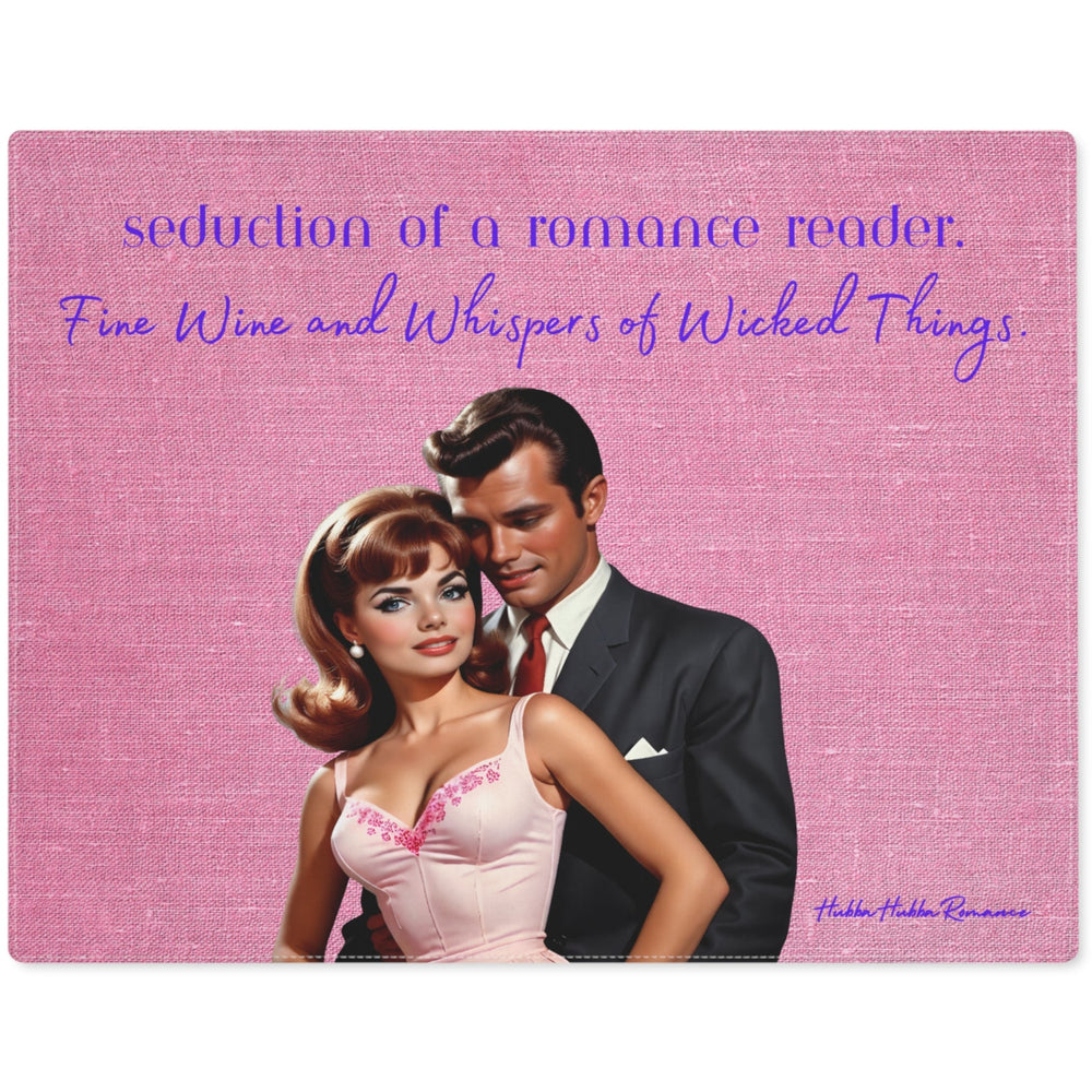 The image features a stylized illustration of an elegant couple from the 1960s. The man, dressed in a formal black suit, looks pensively to the side while the woman, wearing a pink dress with pink embroidery embellishments, gazes directly at the viewer with a playful expression. Her hair is styled in a classic voluminous updo. The background is a textured pink, enhancing the vintage feel. Text overlay in cursive reads: "Seduction of a romance reader. Fine Wine and Whispers of Wicked Things."