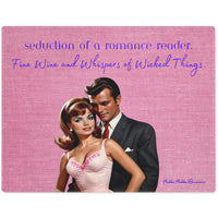 The image features a stylized illustration of an elegant couple from the 1960s. The man, dressed in a formal black suit, looks pensively to the side while the woman, wearing a pink dress with pink embroidery embellishments, gazes directly at the viewer with a playful expression. Her hair is styled in a classic voluminous updo. The background is a textured pink, enhancing the vintage feel. Text overlay in cursive reads: "Seduction of a romance reader. Fine Wine and Whispers of Wicked Things."