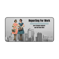 A grayscale city skyline serves as the background for two retro-styled women in 1950s dresses, one in teal and one in coral. Each holds an oversized vintage electronic device. The phrase “Reporting For Work” appears in bold black text, with a subheading that reads: “Love Triangle Analysts and Full-Time Flirts.” This is the large version.