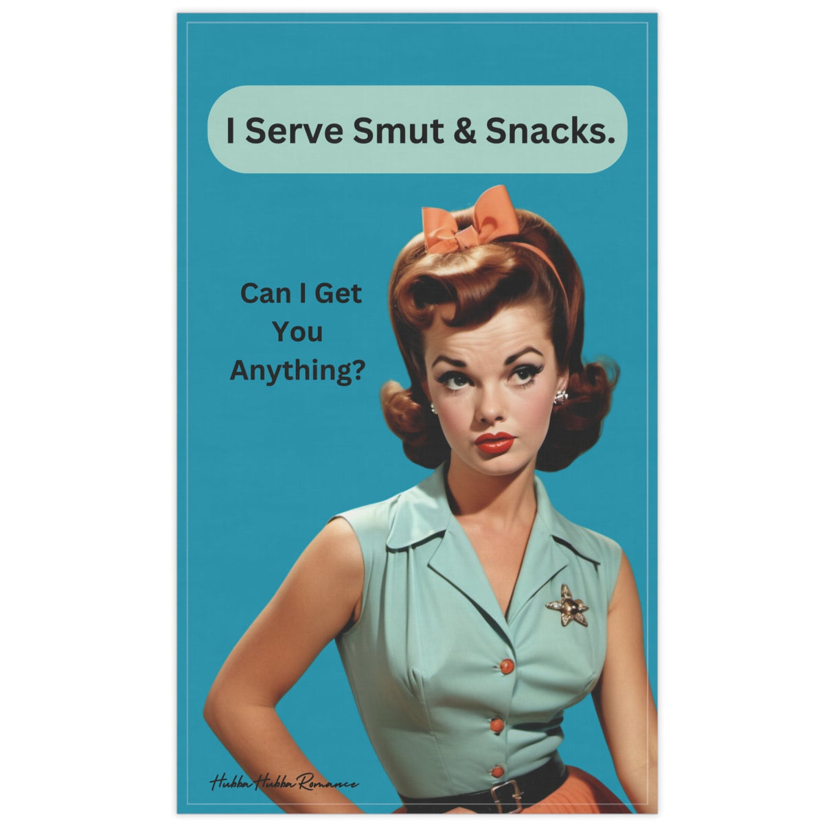 This kitchen towel features a retro image of a woman with bouffant hair and an orange bow, dressed in a teal blouse, orange skirt and black belt with a starfish pin on her shoulder. She has a sassy smirk on her face. She is paired with text that reads "I Serve Smut and Snacks. Anything For You?" in a playful font against a teal background. This design merges retro fashion with a humorous, bold statement, ideal for conveying a cheeky and inviting atmosphere. 