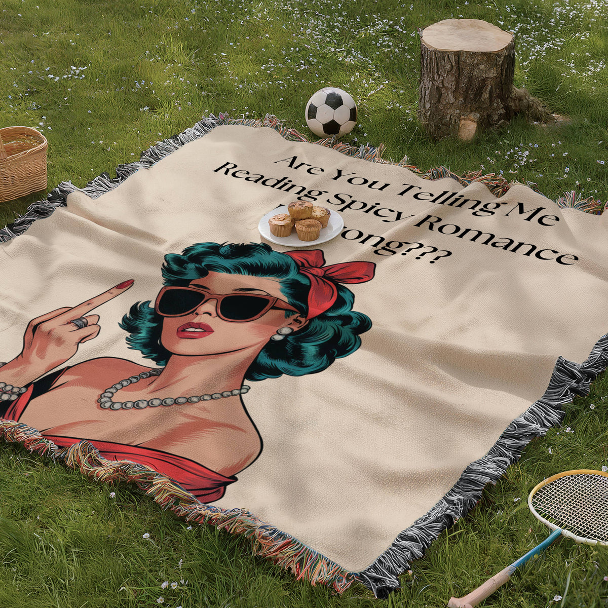 The blanket is being displayed as a picnic blanket in a park setting with a tree stump, picnic basket, plate of muffins, and a tennis racquet and a soccer ball lying around.
