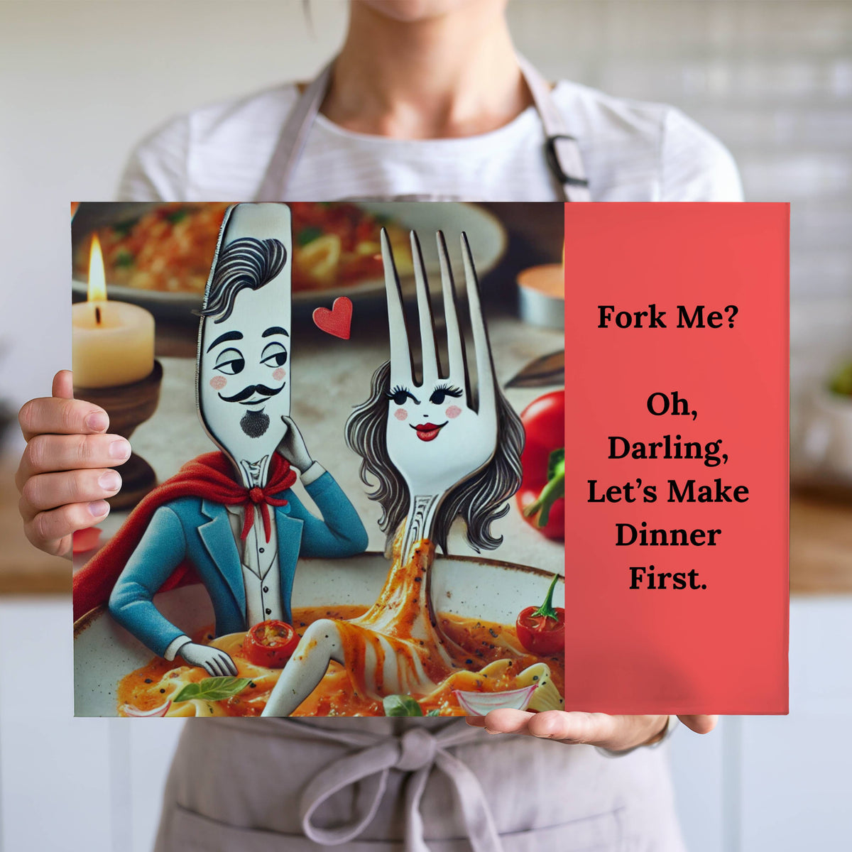 The cutting board is displayed upright in the hands of a cook to convey its size. This is the larger version.