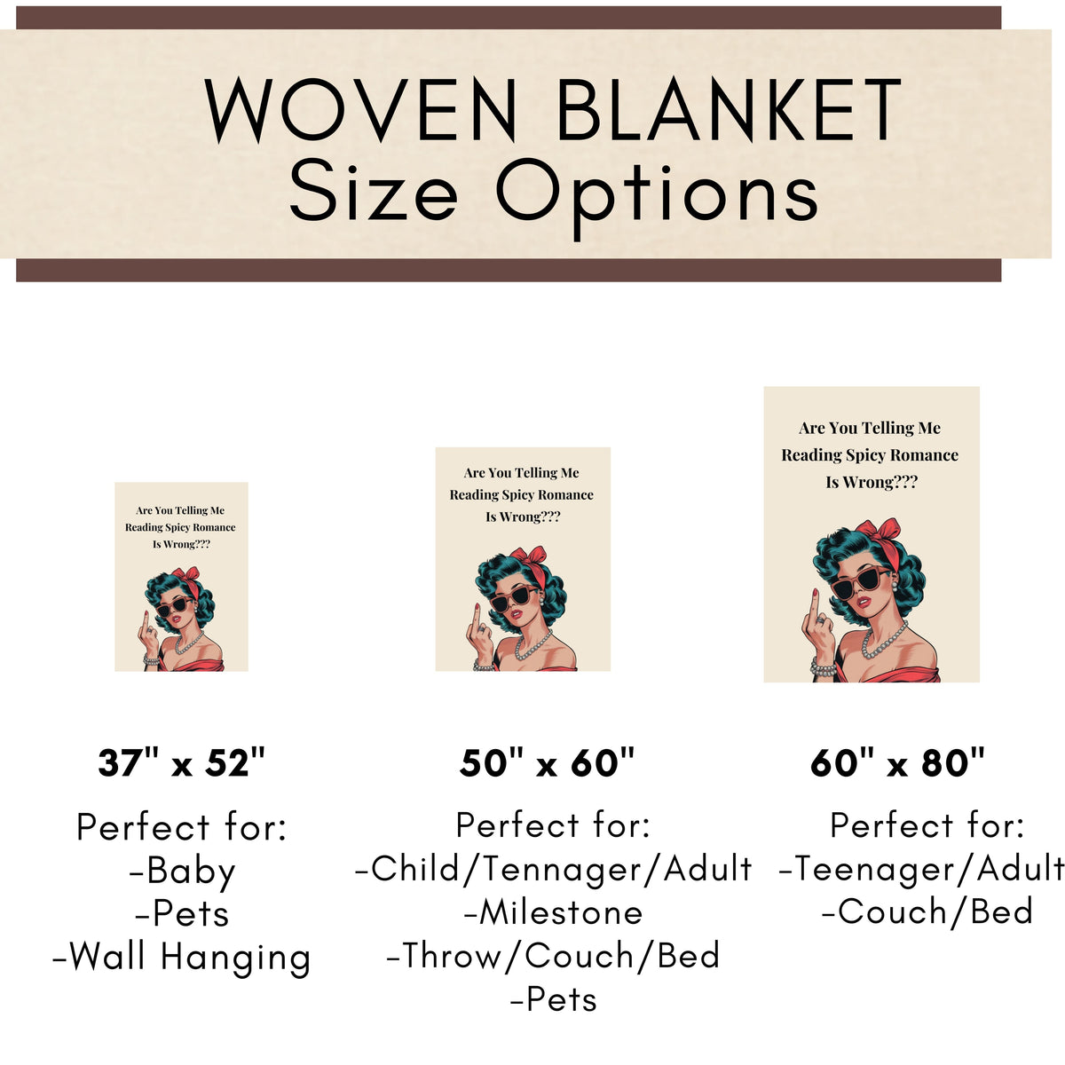 This is an image showing the three size options using miniature beds and miniature versions of the banket on the corresponding sized bed. The size options are 37" x 52", 50" x 60" and 60" x 80".
