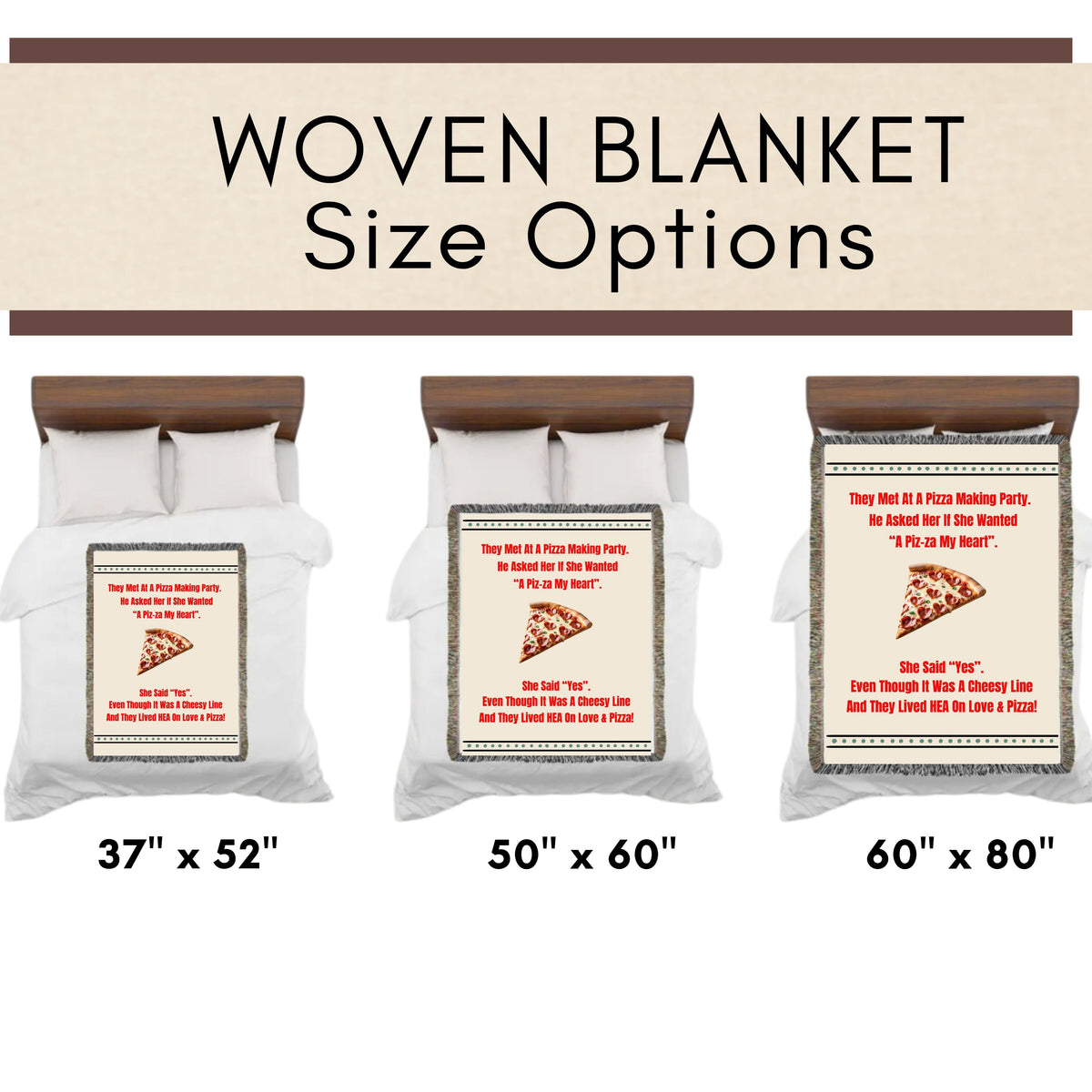 This is an image showing the three size options using miniature beds and miniature versions of the banket on the corresponding sized bed. The size options are 37" x 52", 50" x 60" and 60" x 80".

