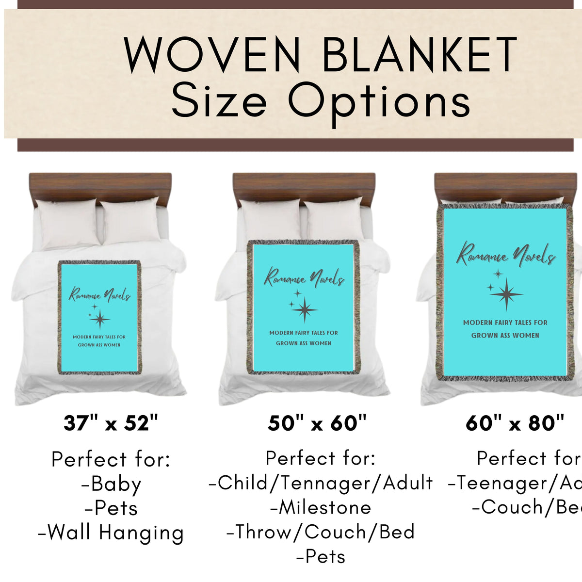 This is an image showing the three size options using miniature beds and miniature versions of the banket on the corresponding sized bed. The size options are 37" x 52", 50" x 60" and 60" x 80".
