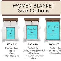 This is an image showing the three size options using miniature beds and miniature versions of the banket on the corresponding sized bed. The size options are 37" x 52", 50" x 60" and 60" x 80".
