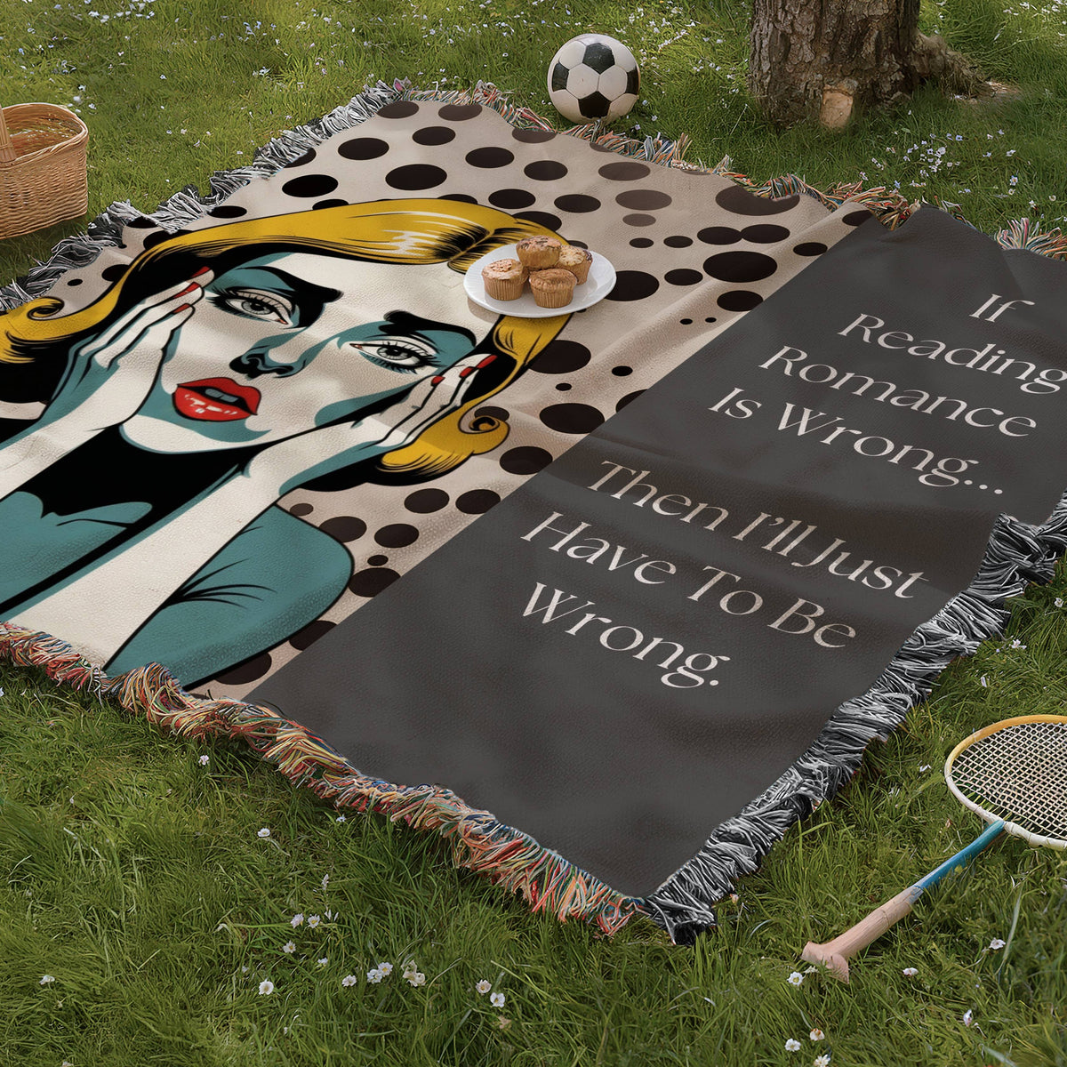 The blanket is being displayed as a picnic blanket in a park setting with a tree stump, picnic basket, plate of muffins, and a tennis racquet and a soccer ball lying around.
