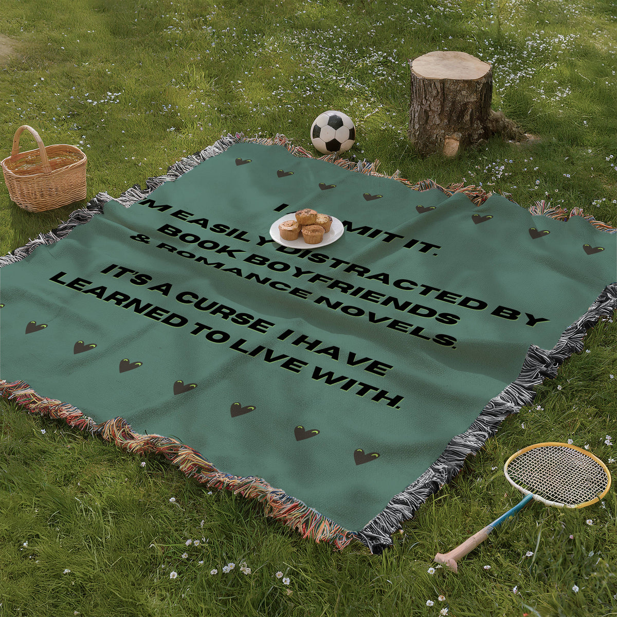 The blanket is being displayed as a picnic blanket in a park setting with a tree stump, picnic basket, plate of muffins, and a tennis racquet and a soccer ball lying around.

