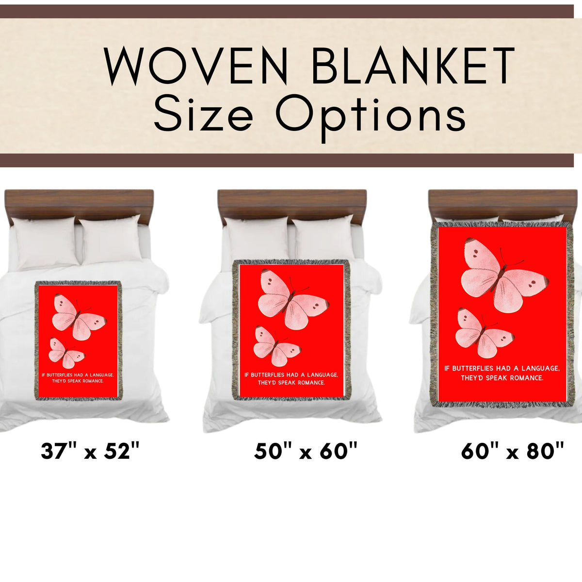 This is an image showing the three size options using miniature beds and miniature versions of the banket on the corresponding sized bed. The size options are 37" x 52", 50" x 60" and 60" x 80".