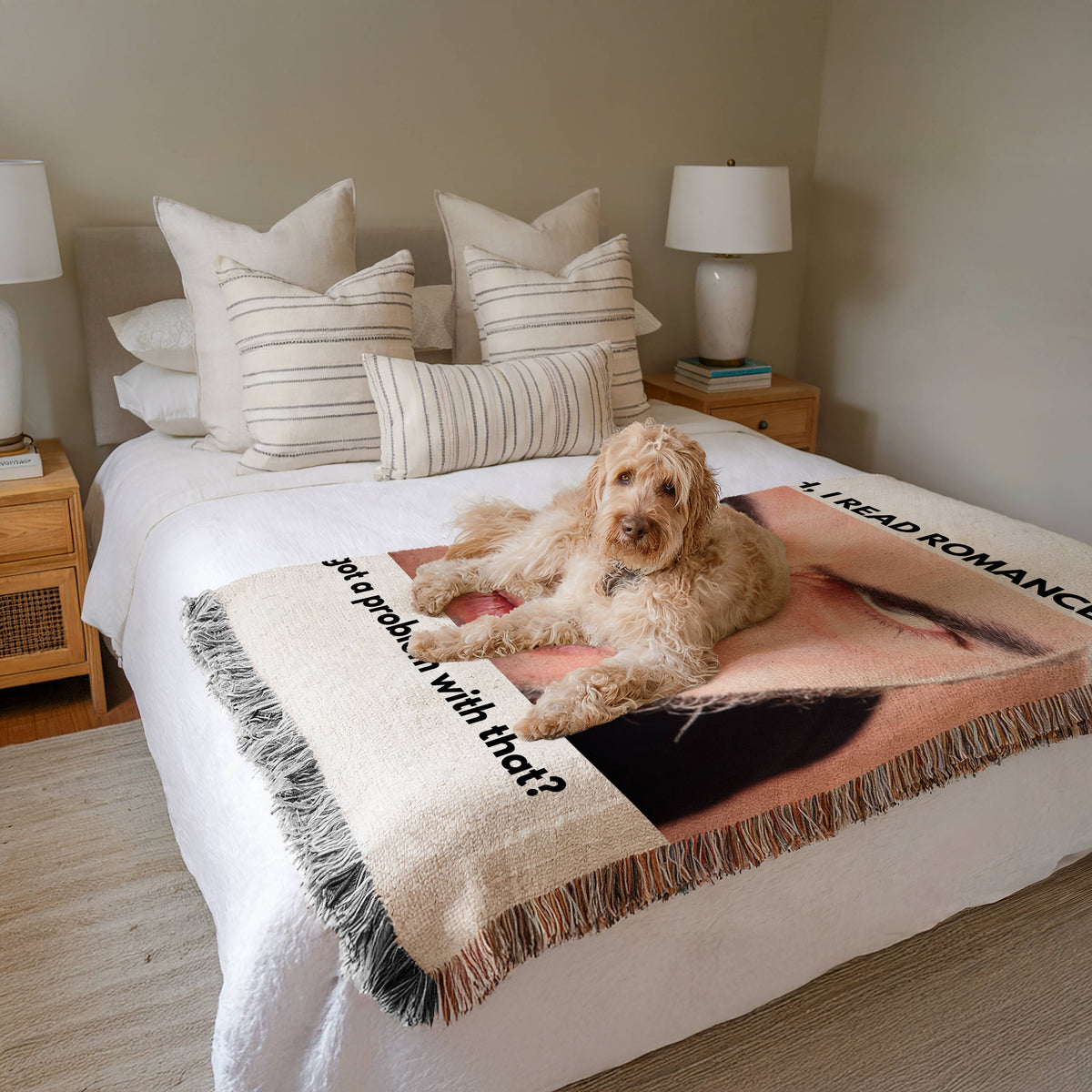 Woven blanket for romance readers displayed across a bed featuring the phrase Hell Yeah I Read Romance.
