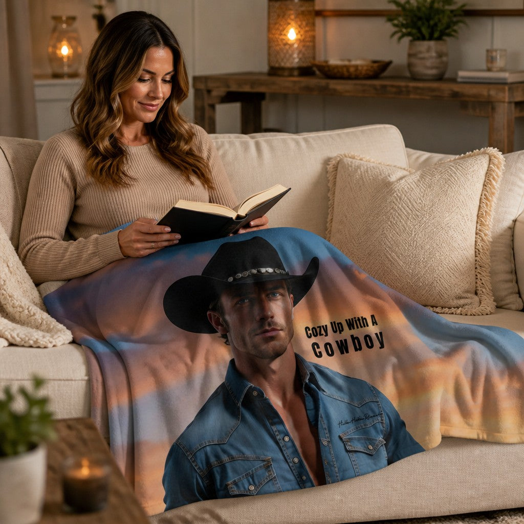 Cozy Up With a Cowboy sweatshirt blanket draped across a sofa in a reading nook. Blanket features a rugged western cowboy portrait and sunset scene, perfect for fans of cowboy romance books and small-town love stories.