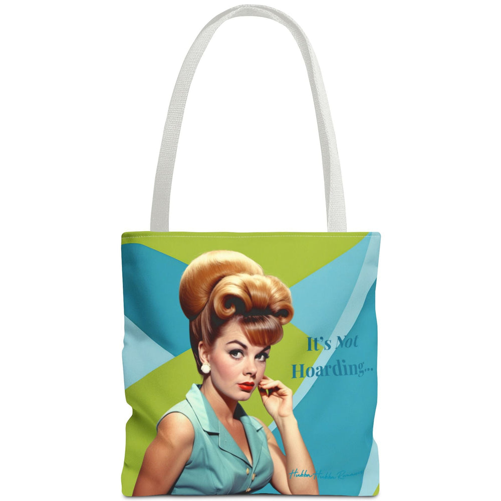 Image features a reversible tote bag design with a vibrant mid-century modern background of lime green, light blue, and teal wave shapes. The illustration shows a glamorous retro woman with a voluminous blonde bouffant hairstyle, red lips, and teal sleeveless blouse. One side reads “It’s Not Hoarding…” while the opposite side completes the phrase with “If it’s Romance Books…” The image is playful and snarky, celebrating the relatable chaos of book collecting with vintage flair.