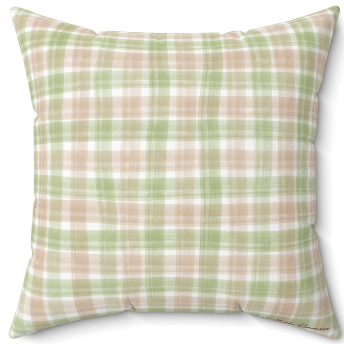 The back side of the pillow that has no text or image - just a pink, white and green plaid material that complements the plaid on the front of the pillow.
